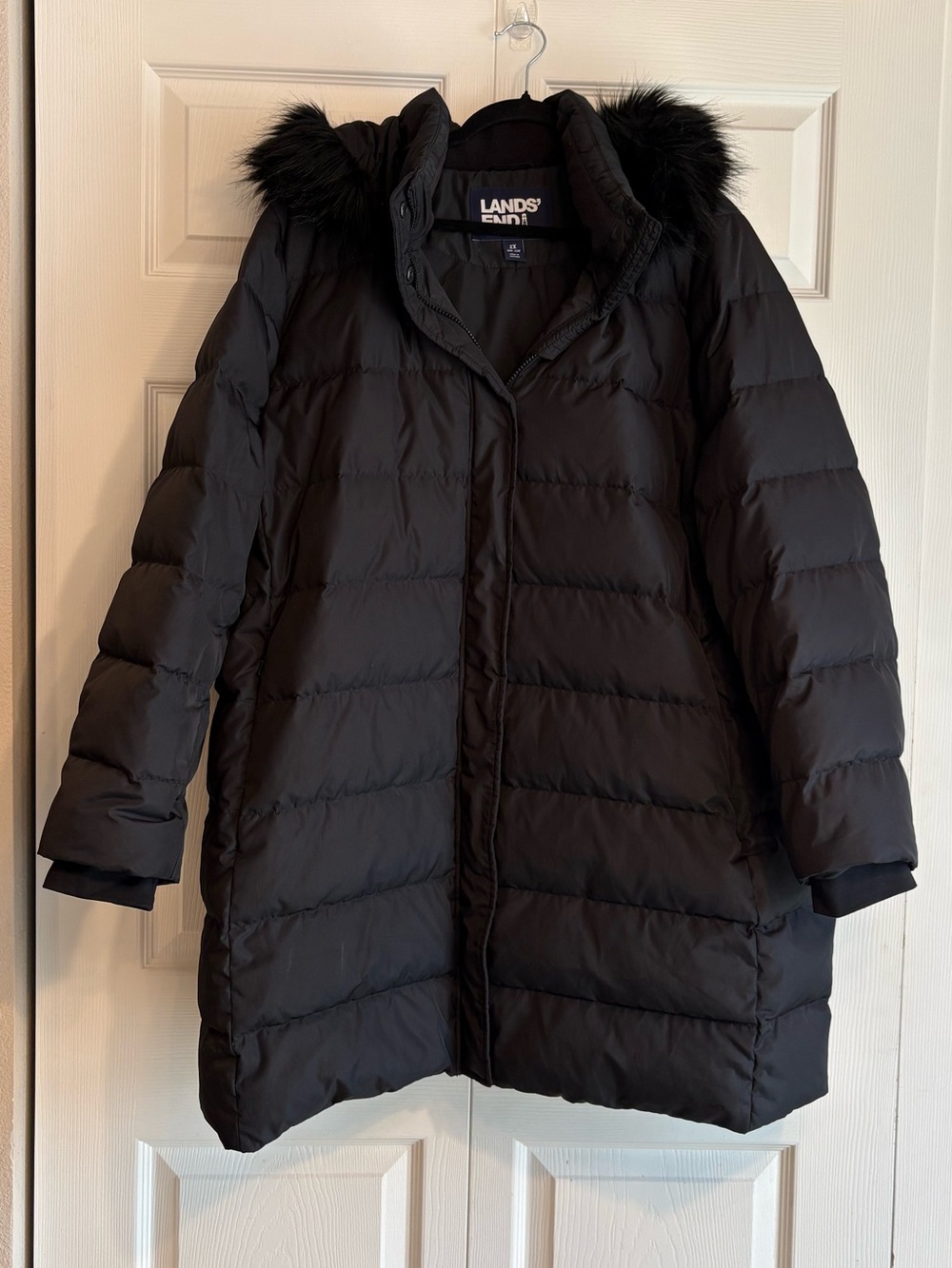 Lands End Black Down Puffer Winter Jacket Faux Fur Removable Hood Women Size2X